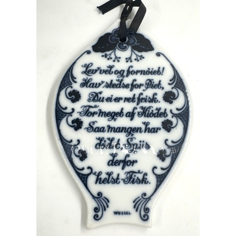 Vintage Porsgrund‎ Norway Blue & White Porcelain Fish Trivet w/Wessel Poem 1960s